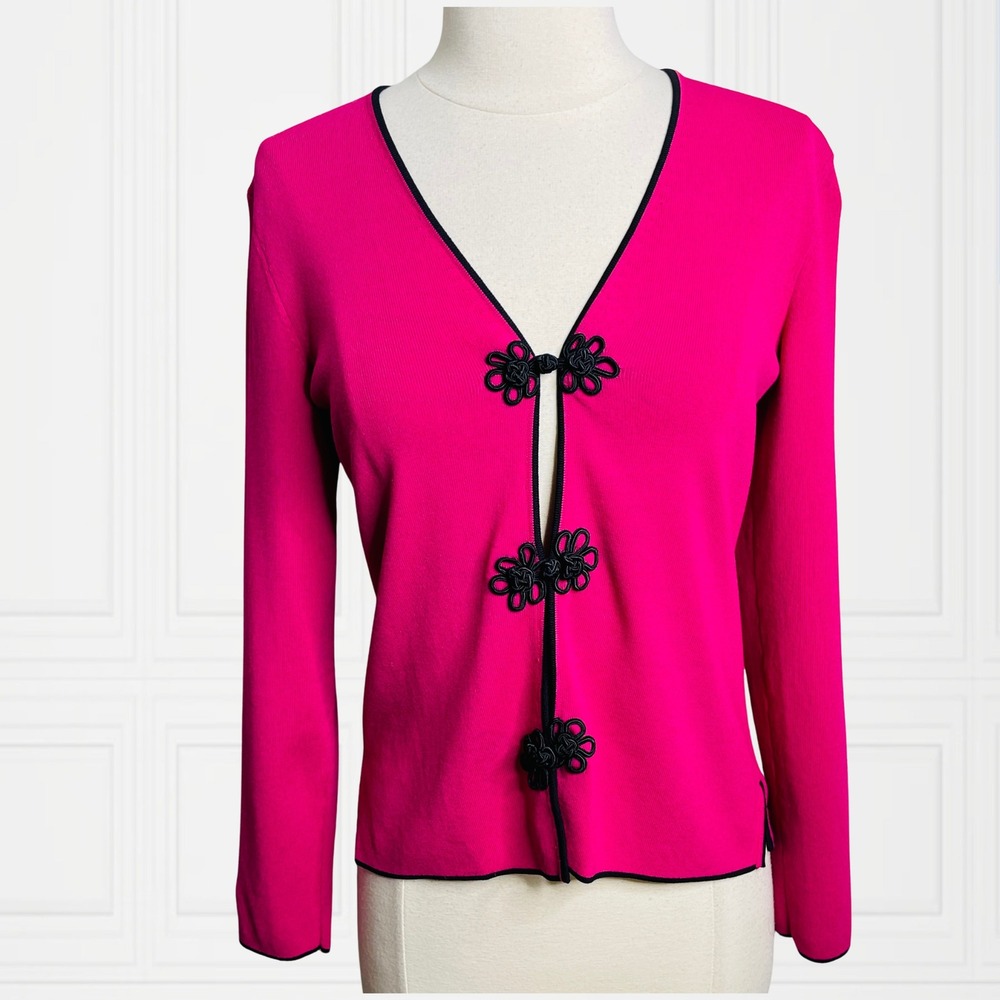 Y2K‎ Grace Hot Pink Cardigan Top Asian Toggle V-Neck Black Trim Size M